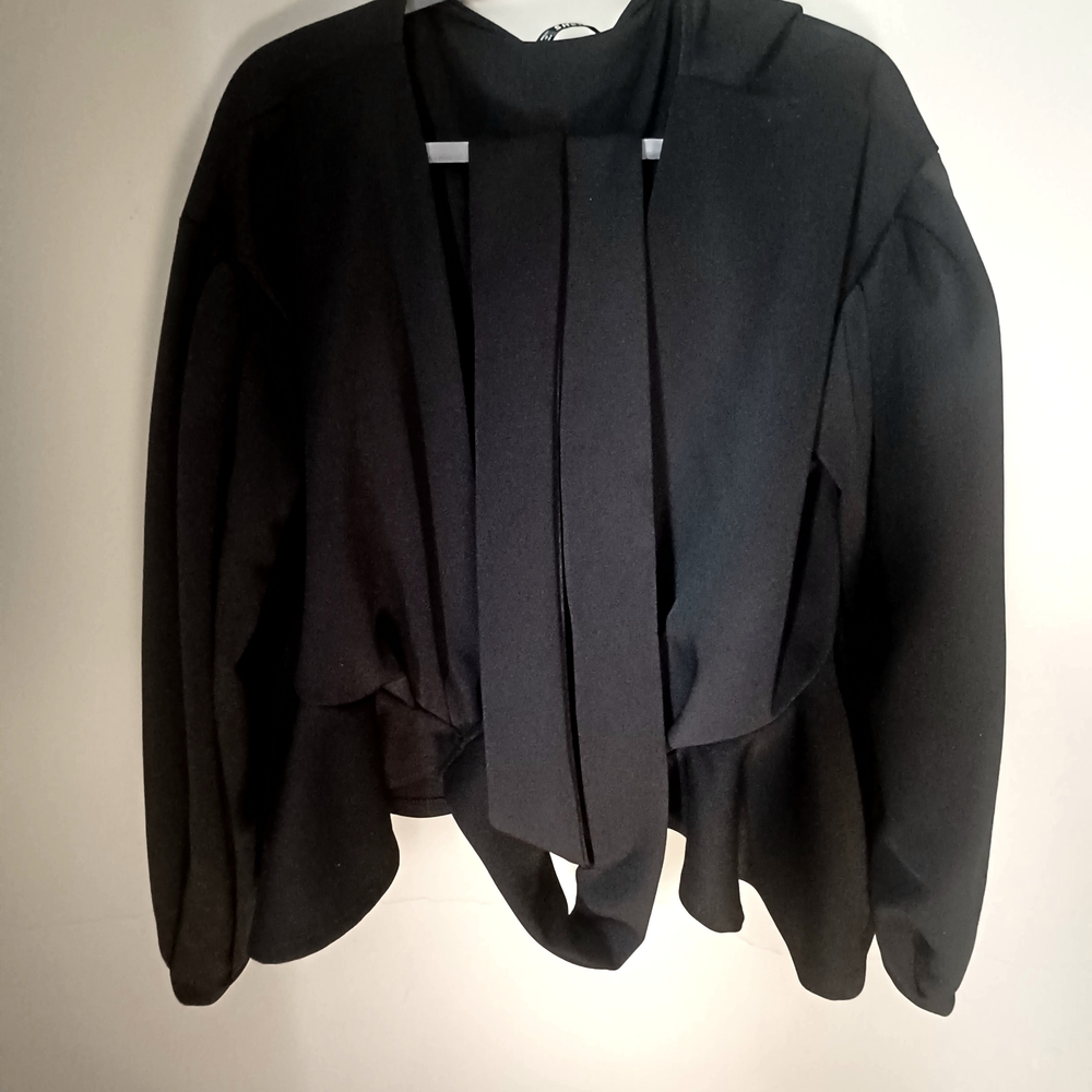 SHEIN BLACK PEPLUM BLOUSE WITH TIE-BELT & BISHOP SLEEVES